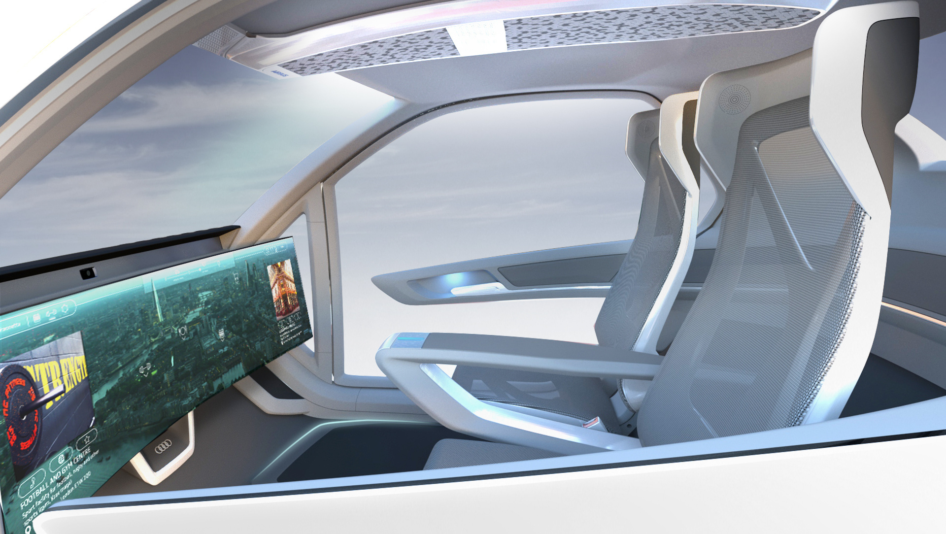 Pop.Up Next – a modular concept to solve traffic problems in cities. The ultra-light, two-seater passenger cabin can be attached either to a car module or to a flight module. The dominant interior feature is a 49-inch screen, while interaction between humans and the machine is performed by speech and face recognition, eye-tracking and a touch function.