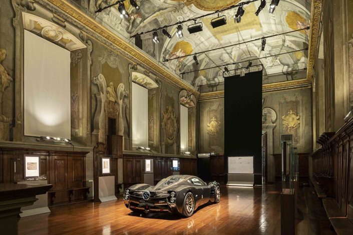 PAGANI UTOPIA unveiled at the national science technology museum in milan surrounded by original drawings by Leonardo Da Vinci