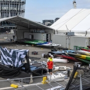 View of the aftermath of the storm at the technical area following racing on Race Day 1 of the KPMG Australia Sail Grand Prix © Ricardo PintoSailGP2